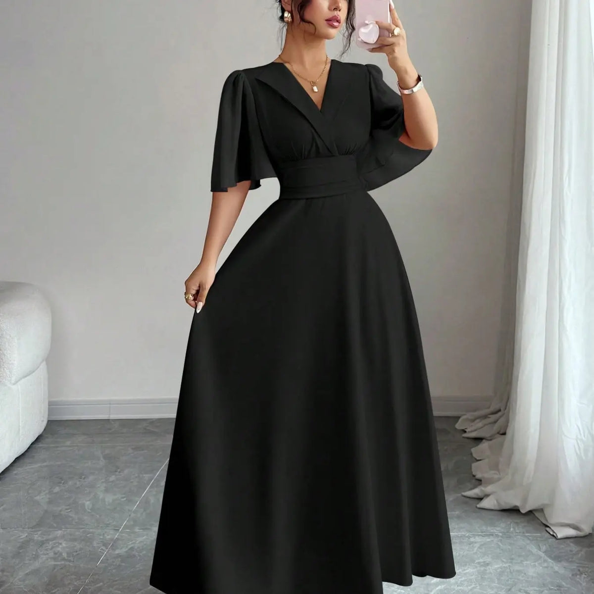 New Women's Lapel Neckline Dress, Waist Ruched Back Tie Chiffon Patchwork, Peplum Sleeves Design, Casual Elegant Summer Dress, Casual Summer Dresses