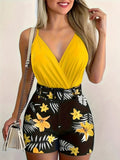 Women's V Neck Sleeveless Top & Plant Print Shorts Set with Belt, Summer Matching Set, Summer Tropical Floral Outfit, Perfect for Vacation, Beach and Casual Daily Wear, High Waist Fitted Design