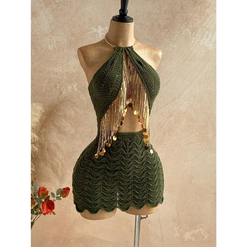 DealsForYouDays Vacation Beach Sequin Tassel Decor Backless Halter Mini Knit Dress, Summer Holiday Outfits , Beach Vacation Outfits For Women, Casual Outfit For Women