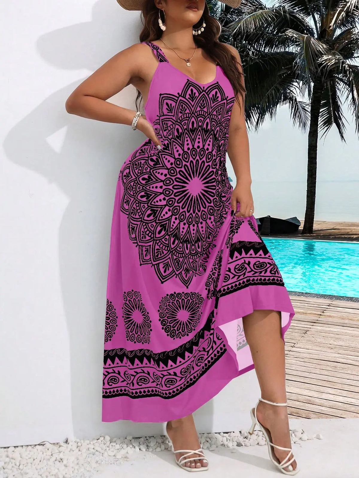 Plus Size Ethnic Pattern Backless Scoop Neck Fitted Cami Dress, Boho Print Dress, Bohemian Style Dresses, Boho Bohemian Fashion Chic Sleeveless Casual A Line Long Dress, Casual Boho Sundress for Beach Holiday Vacation, Women's Plus Clothing for Summer