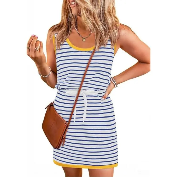 Imily Bela Womens Summer Sleeveless Striped Dress Drawstring Waist Casual Tank Mini Dresses with Pockets