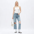 ONESO Women's Super High Rise Destroyed Straight Rigid Leg Jeans Non-Stretch Distressed Denim Pants Size Comfortable Fashion FitStyle Bottoms Womenswear Fitted Streetwear Fabric  Basic Minimalist Gift #SummerVibes