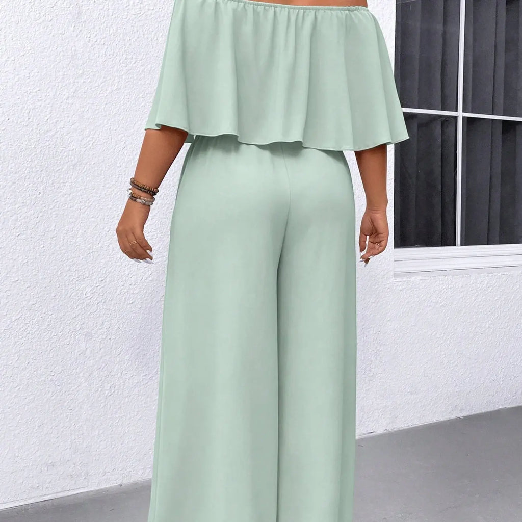 Women's Plus Size Two Piece Sets Off Shoulder Ruffle Crop Top High Waist Wide Leg Pants Matching Sets Solid Black Flowy Casual Summer Vacation Outfits Resort Wear Elegant Boho Co-ord Spring Womenswear Clothes Elegance
