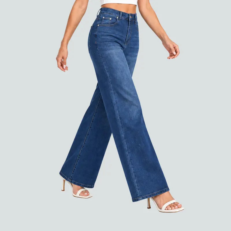 CANANA Women Super Stretchy High Rise Wide Leg Jeans Minimalist Comfort Denim Pants Tummy Control BBL Regular Size Plus Size Spring Fashion Daily Outfits Pockets One Size Down For Best Fit