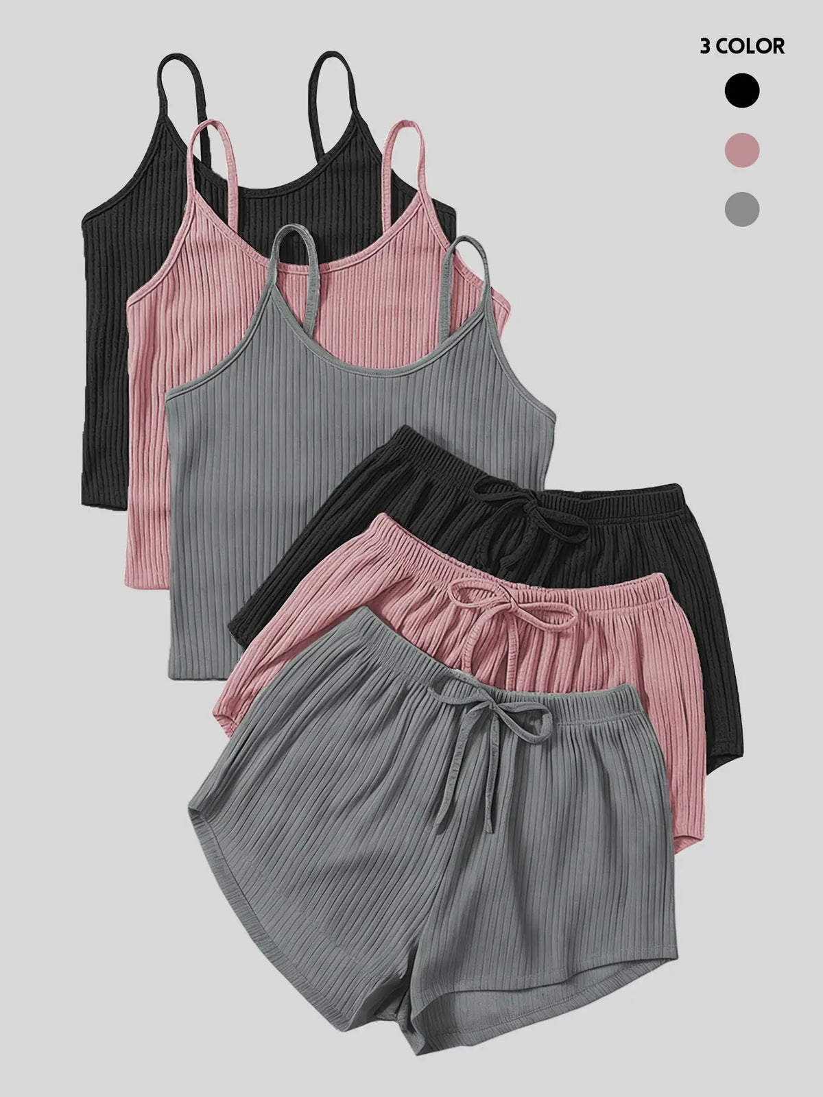 Six-Piece Set Women's Basic Plain Fitted Ribbed Shorts Set, Casual Feminine Soft Spaghetti Strap Cami Top & Elastic Waist Shorts Set, Summer Clothes, Cute Summer Outfit for Outdoor Holiday