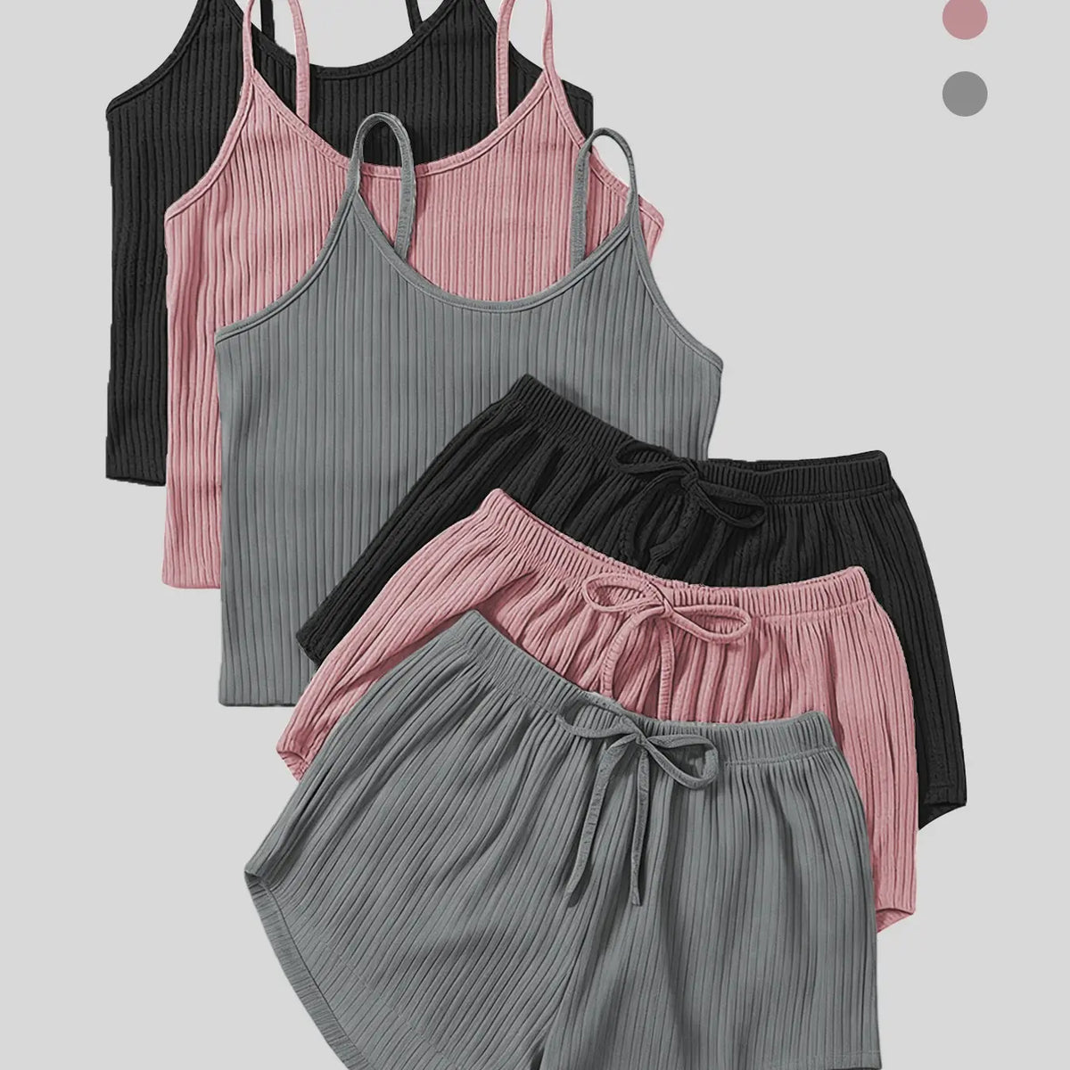 Six-Piece Set Women's Basic Plain Fitted Ribbed Shorts Set, Casual Feminine Soft Spaghetti Strap Cami Top & Elastic Waist Shorts Set, Summer Clothes, Cute Summer Outfit for Outdoor Holiday