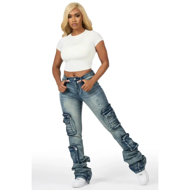 Alisson Dark Wash Tinted Cargo Super Stacked Jean