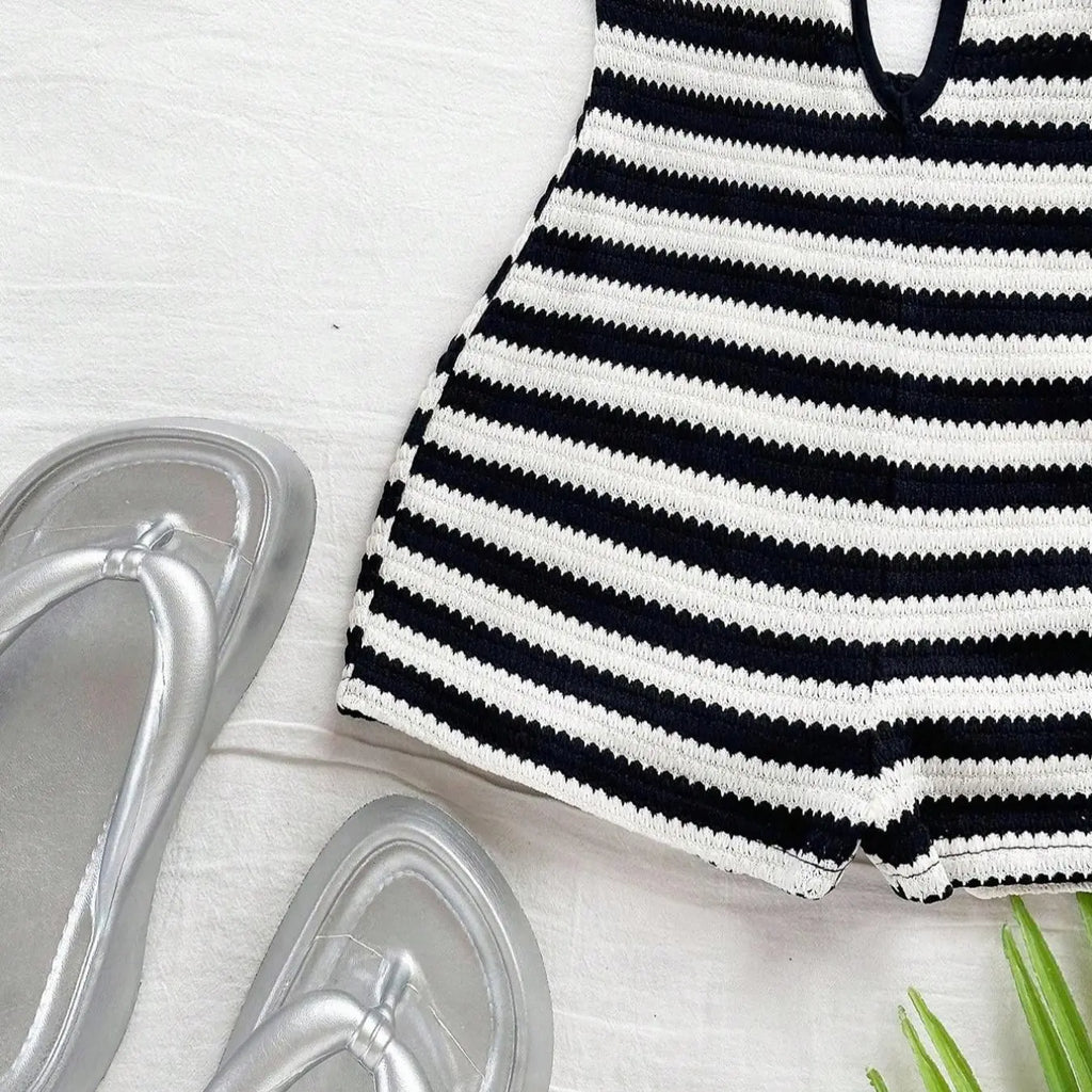 European Style Chic Halter Neck Deep V Backless Romper, Women Casual Striped Bodycon Romper for Summer Beach Vacation, Streetwear