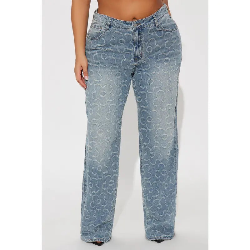 Tall Flower Power Jacquard Wide Leg Jeans - Medium Wash