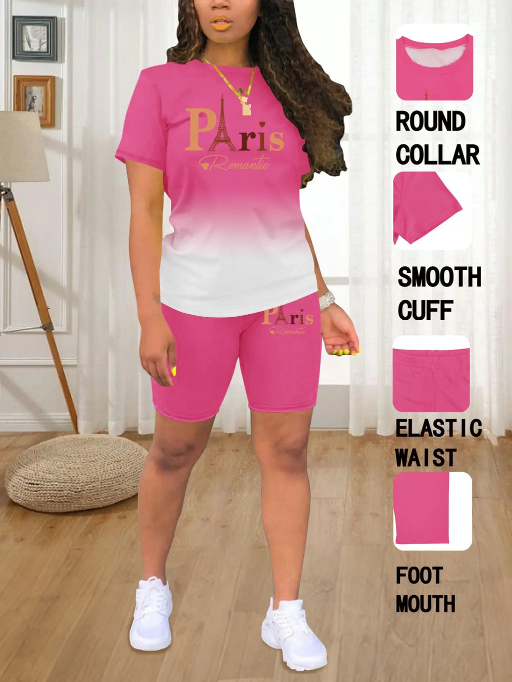 Summer Round Neck Short Sleeve Ombre Printed T-Shirt and Shorts Matching Set Outfit, Casual Long Length Fitted Suit, Plain Surface, 88.2 G/m²