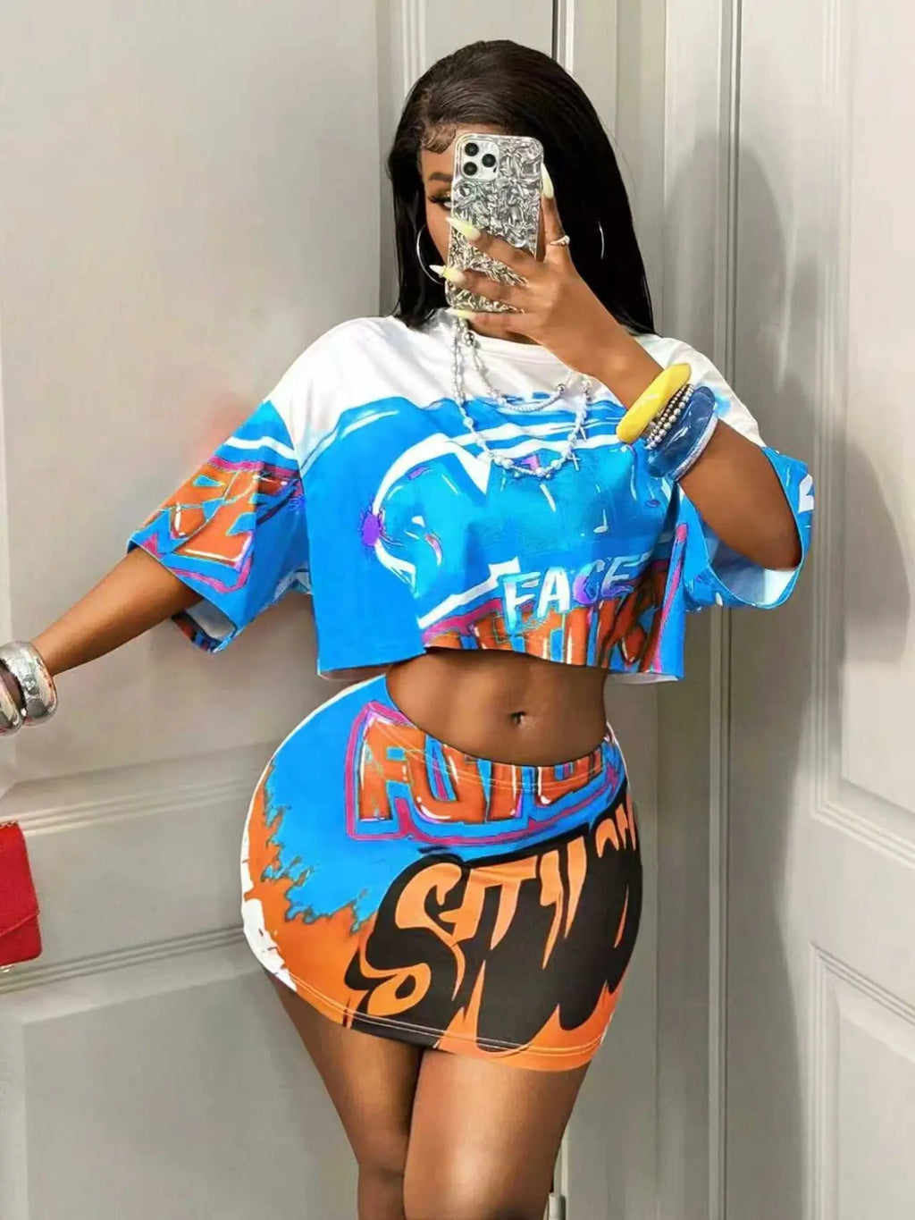 European and American Summer New Fashion Aesthetic Hip Hop Streetwear Street Racing Style Abstract Graphics Print Crop Top T-Shirt + Low Waist Mini Tight Dress 2-Piece Set Fashion Sets Womenswear