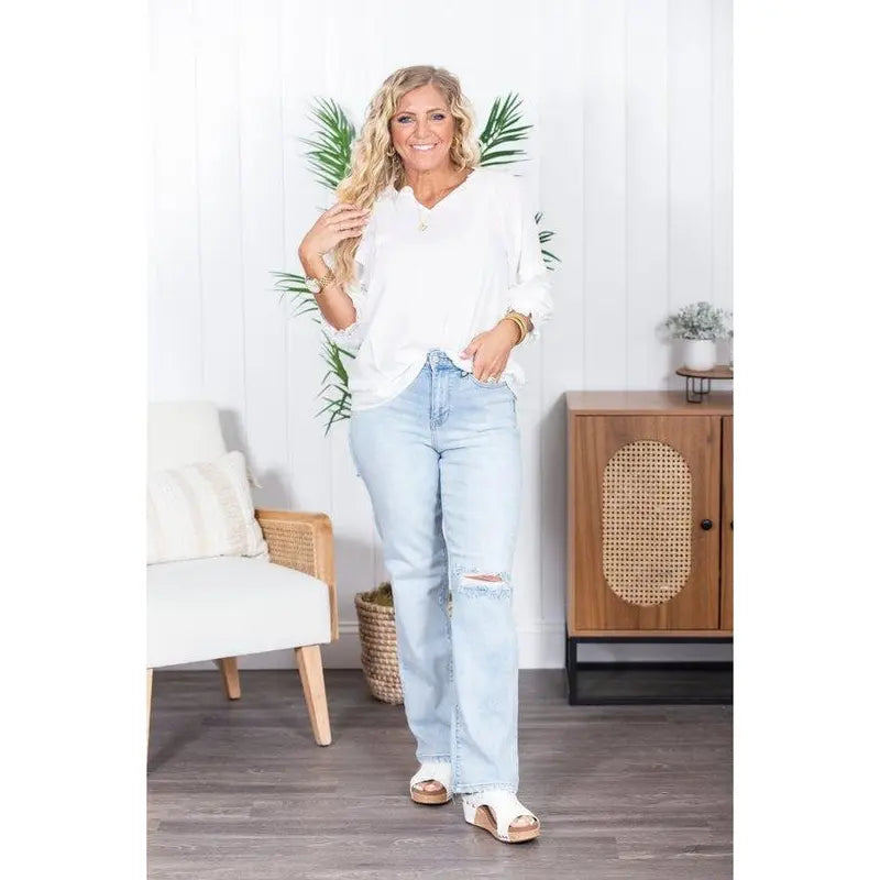 Women's Judy Blue Christina Back-Destroy Denim High-Waisted Jeans - Polyester, Spandex Blend, Relaxed Straight Fit, Pockets, Flattering, Large Body, Light Blue Ripped Knee, Odd Sizes Bottoms