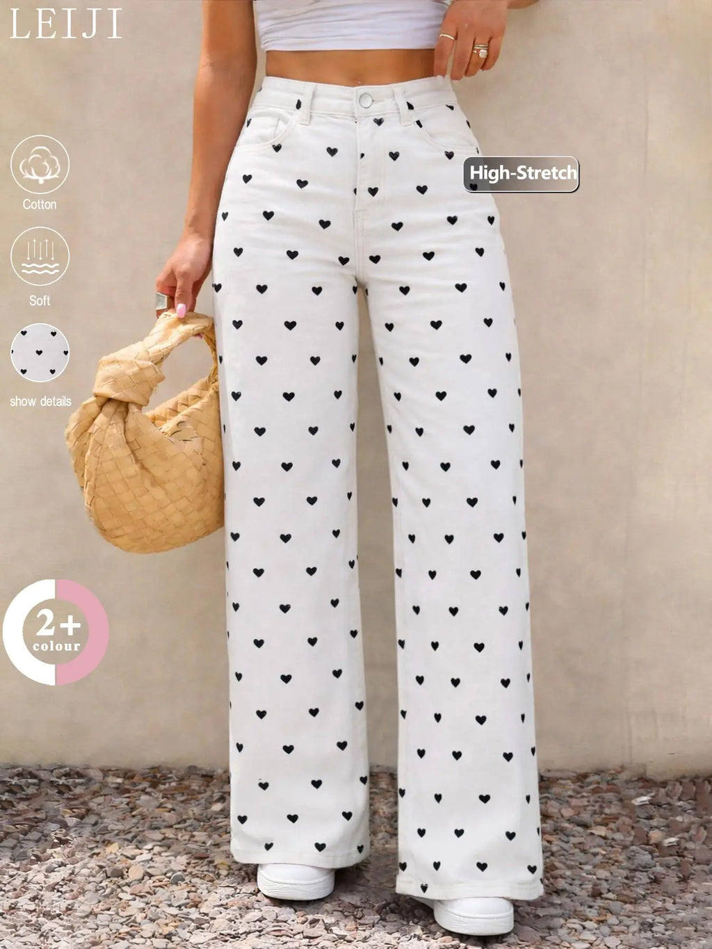 Spring/Summer Women's Elastic High-Waisted Wide Leg Baggy Bottom Jeans, Pink Heart Print, Casual Loose Fit Denim Pants for Commute, Daily Wear & Vacation