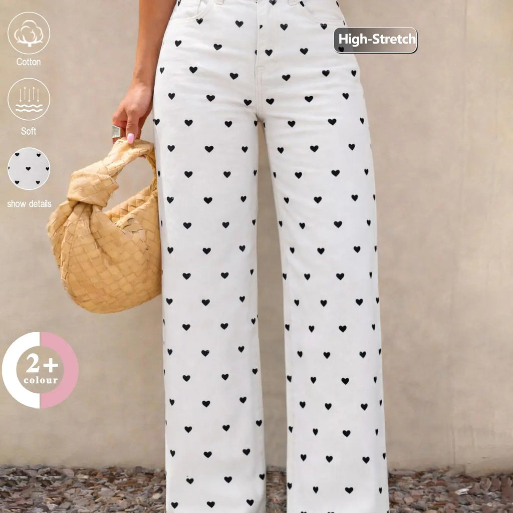 Spring/Summer Women's Elastic High-Waisted Wide Leg Baggy Bottom Jeans, Pink Heart Print, Casual Loose Fit Denim Pants for Commute, Daily Wear & Vacation