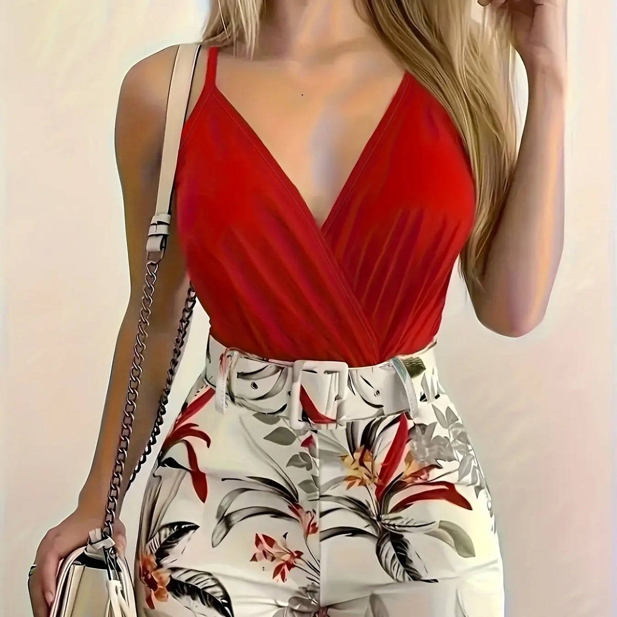 Women's V Neck Sleeveless Top & Plant Print Shorts Set with Belt, Summer Matching Set, Summer Tropical Floral Outfit, Perfect for Vacation, Beach and Casual Daily Wear, High Waist Fitted Design