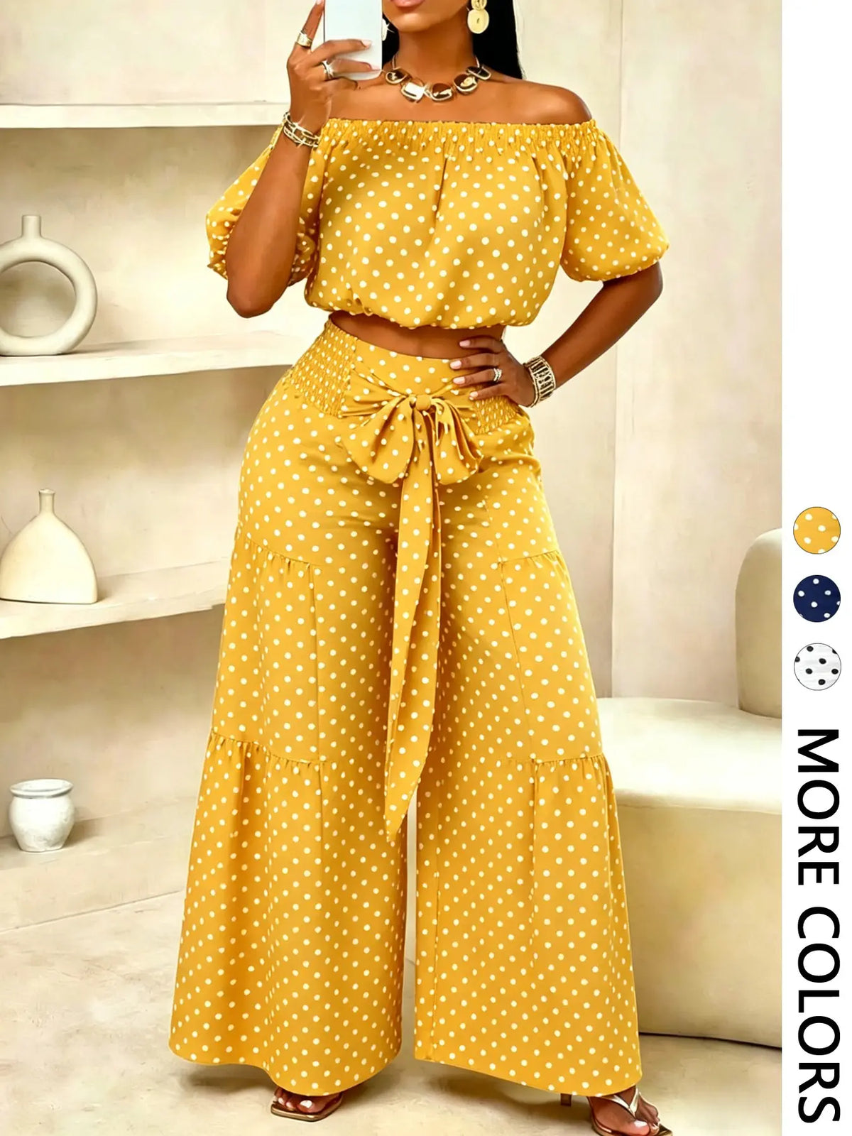 Summer Beach Vacation Bow Shoulderless Round Neck Shirt Wide Leg Pants Set, Casual Loose-Fitting, Women's Fashion, Womenswear