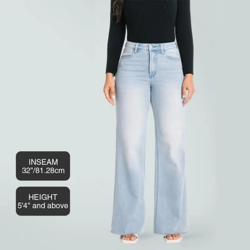 Joy BlueMoment Stretchy BBL Jeans High Waist Wide Leg Denim Pants Raw Hem Tummy Control Butt Lifting Jeans with Pockets Baggy Curve Hugging Fall Fashion 8101