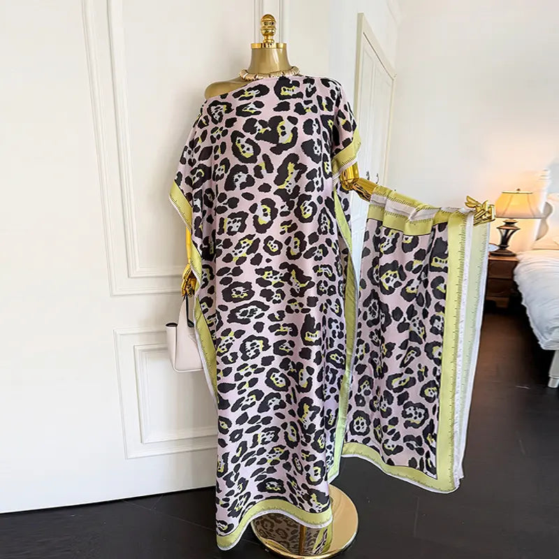 Laruda-Original Vibe Women's Fashion 2-Piece Pink Leopard Print Long Moo Moo Robe Set - Lightweight Woven Fabric Dress, Exotic Scarf Headband, Cute 2-Piece Sets, Sun Protection Beach Wear, Clothes for Women