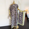 Laruda-Original Vibe Women's Fashion 2-Piece Pink Leopard Print Long Moo Moo Robe Set - Lightweight Woven Fabric Dress, Exotic Scarf Headband, Cute 2-Piece Sets, Sun Protection Beach Wear, Clothes for Women