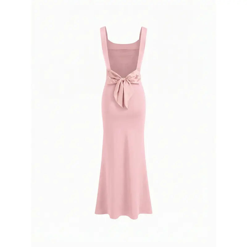 Cider Scoop Neckline Solid Bowknot Backless Maxi Dress Minimalist High Stretch Womenswear