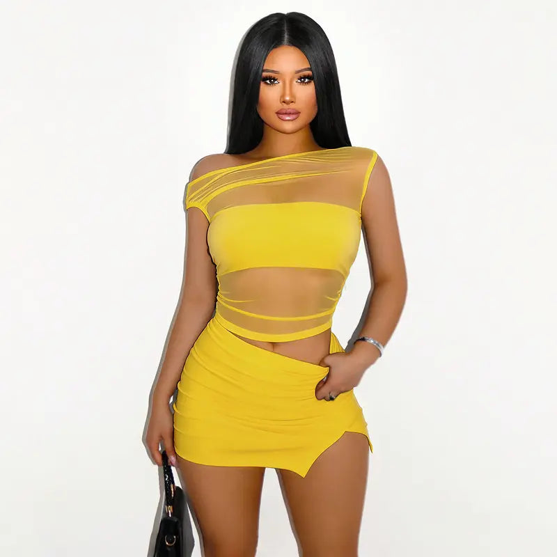 Sheer Mesh 2-Piece Skirt Set - Trending Women's Fashion Apparel, Solid Color Crop Top and Mini Skirt for Festival or Beach Outfits, Tops For Women, 2 Piece Sets Women, Cropped, Women's Clothes