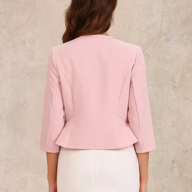 INSPIRE CHIC Elegant Blazer Women's Open Front Collarless 3/4 Sleeve Peplum Business Work Suit Jacket