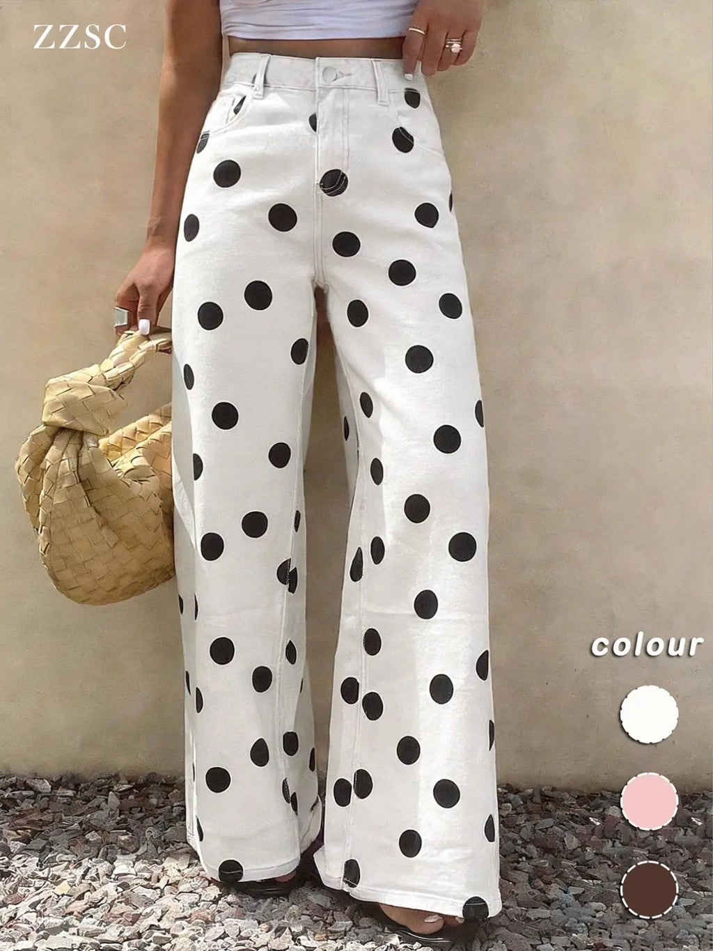 Spring Summer High-Waisted Elastic Women's Jeans, Casual Wide Leg Pants, Polka Dot Design, Regular Fit