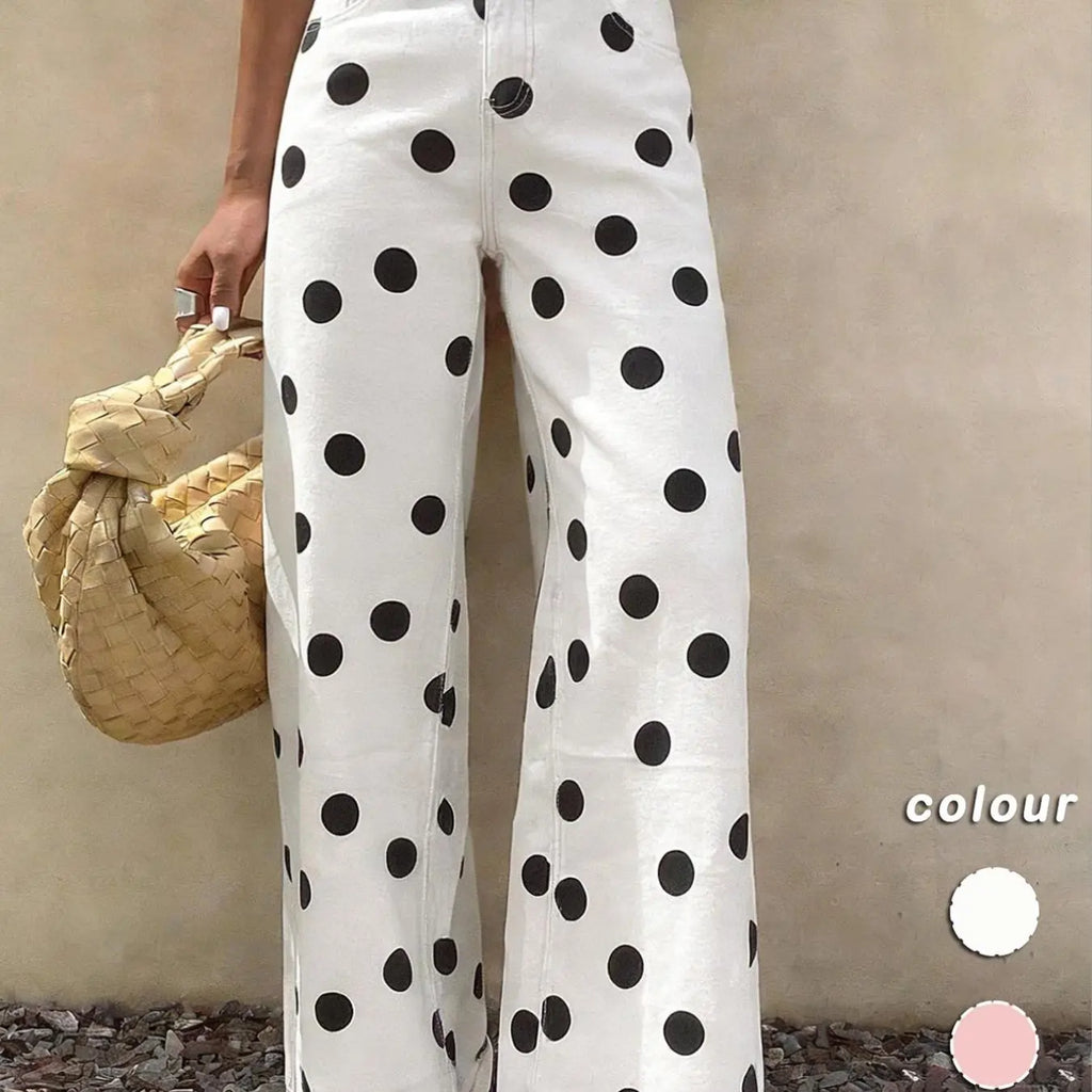Spring Summer High-Waisted Elastic Women's Jeans, Casual Wide Leg Pants, Polka Dot Design, Regular Fit