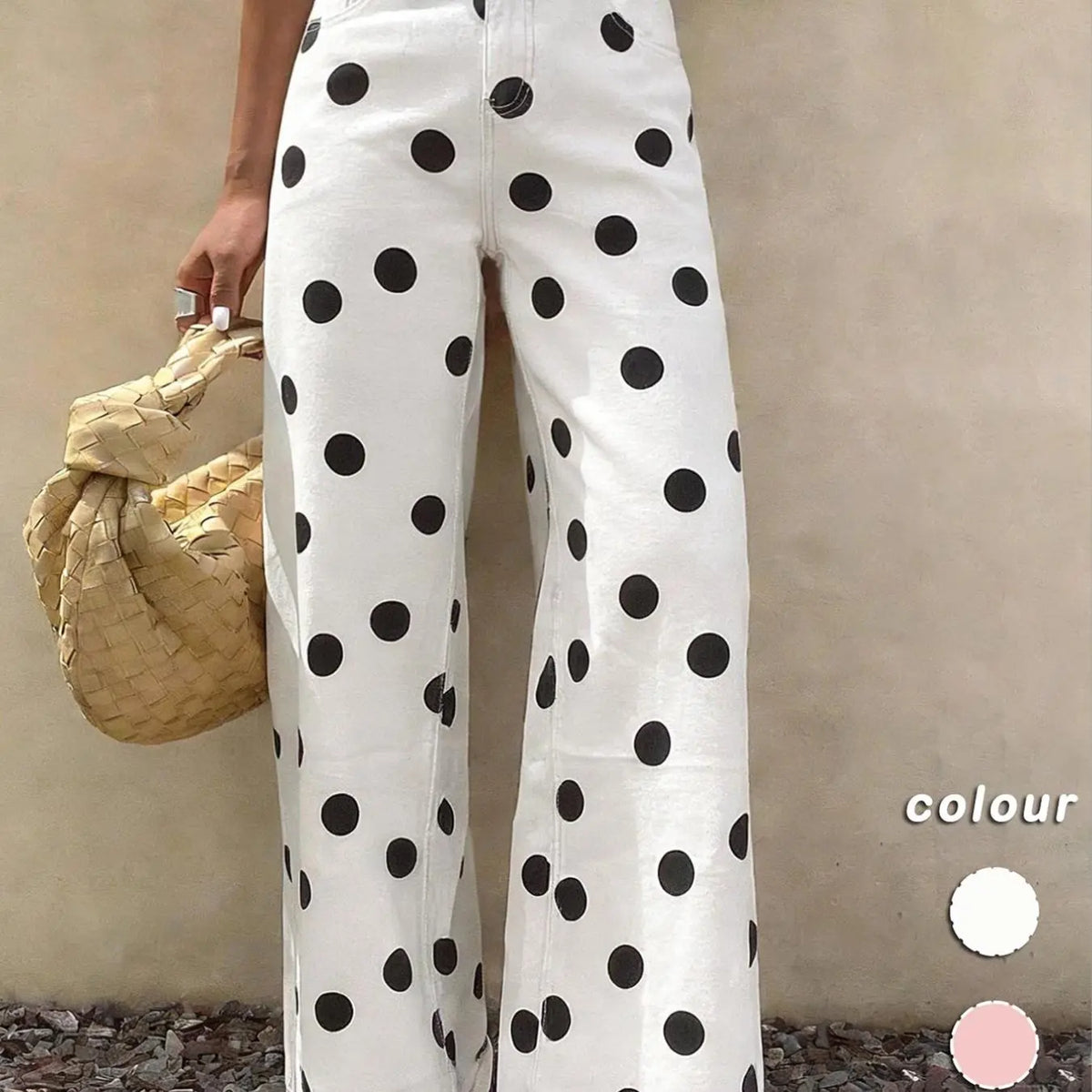 Spring Summer High-Waisted Elastic Women's Jeans, Casual Wide Leg Pants, Polka Dot Design, Regular Fit