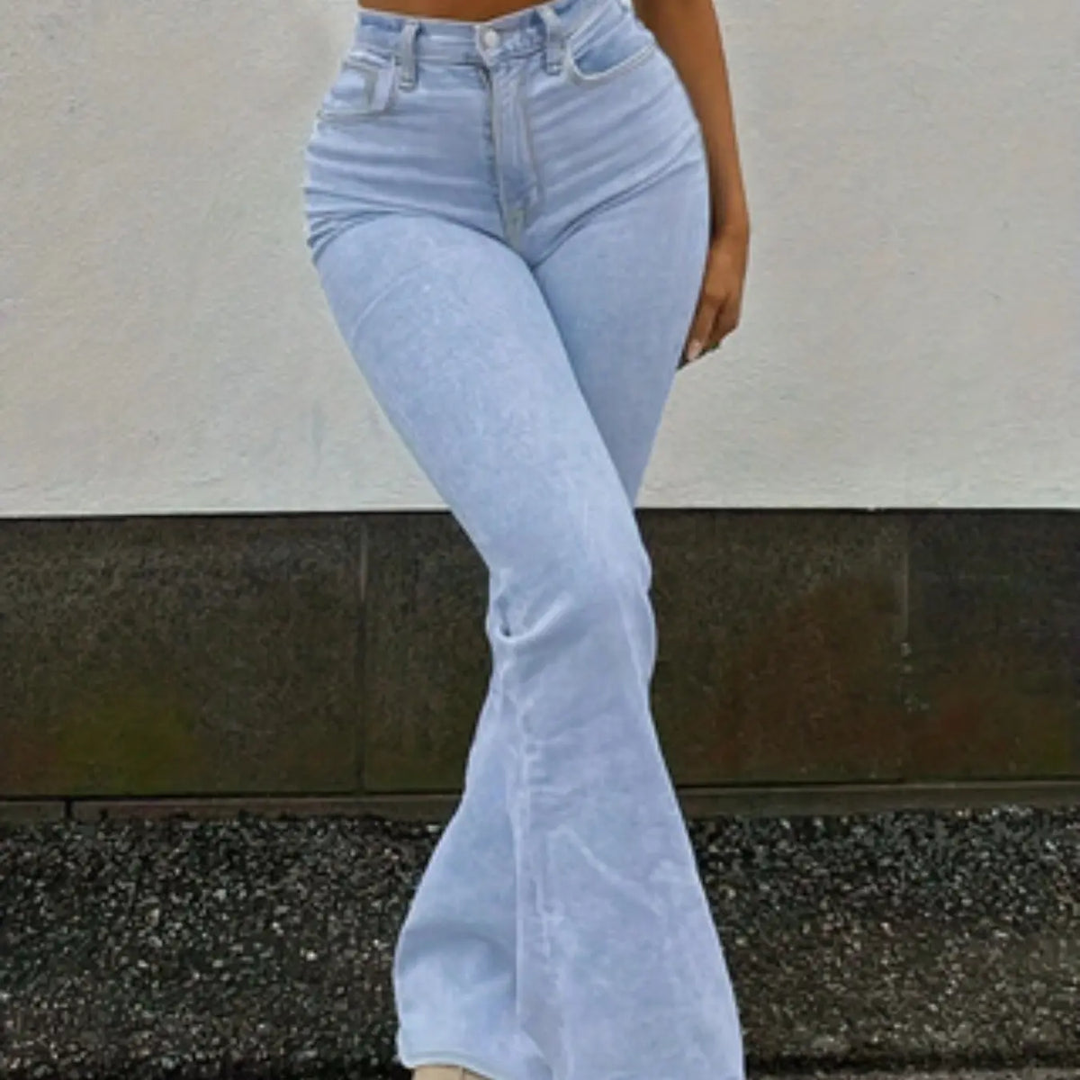 Casual Butterfly Knot Embroidery Women's Light Wash Denim Elastic Bell Bottom Flare Pants, Comfortable and Stylish Long Jeans for Everyday Wear