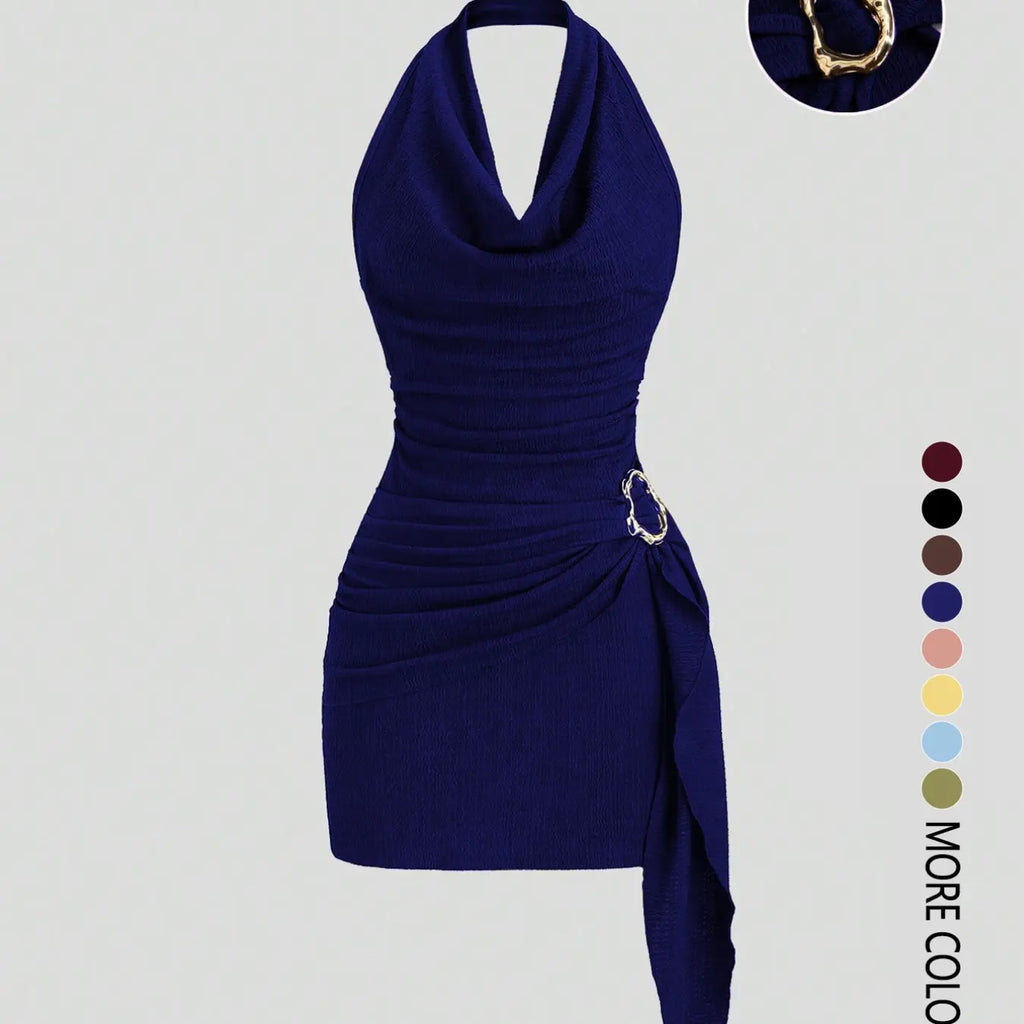 Women's Fashion Solid Color Ruched Halter Fit Dress, Casual Office Wear, Elegant Backless Design, Perfect for Daily Wear, Stylish, Chic and Comfortable Dress, Backless Slim Dress
