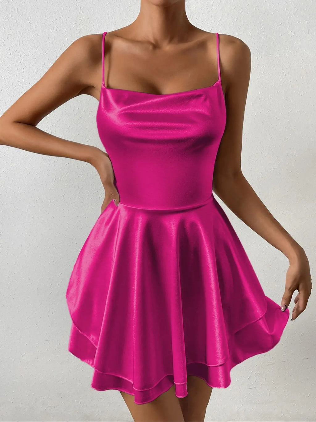 Women's Plain Lace Up Backless Tiered Layer Stretchy Satin Cami Dress, Summer Clothes Women, Womenswear, Elegant Chic Cowl Neck Sleeveless A Line Short Dress for Party Holiday Wedding Guest Evening Formal Wear, Date Night Dresses, Dresses for Women