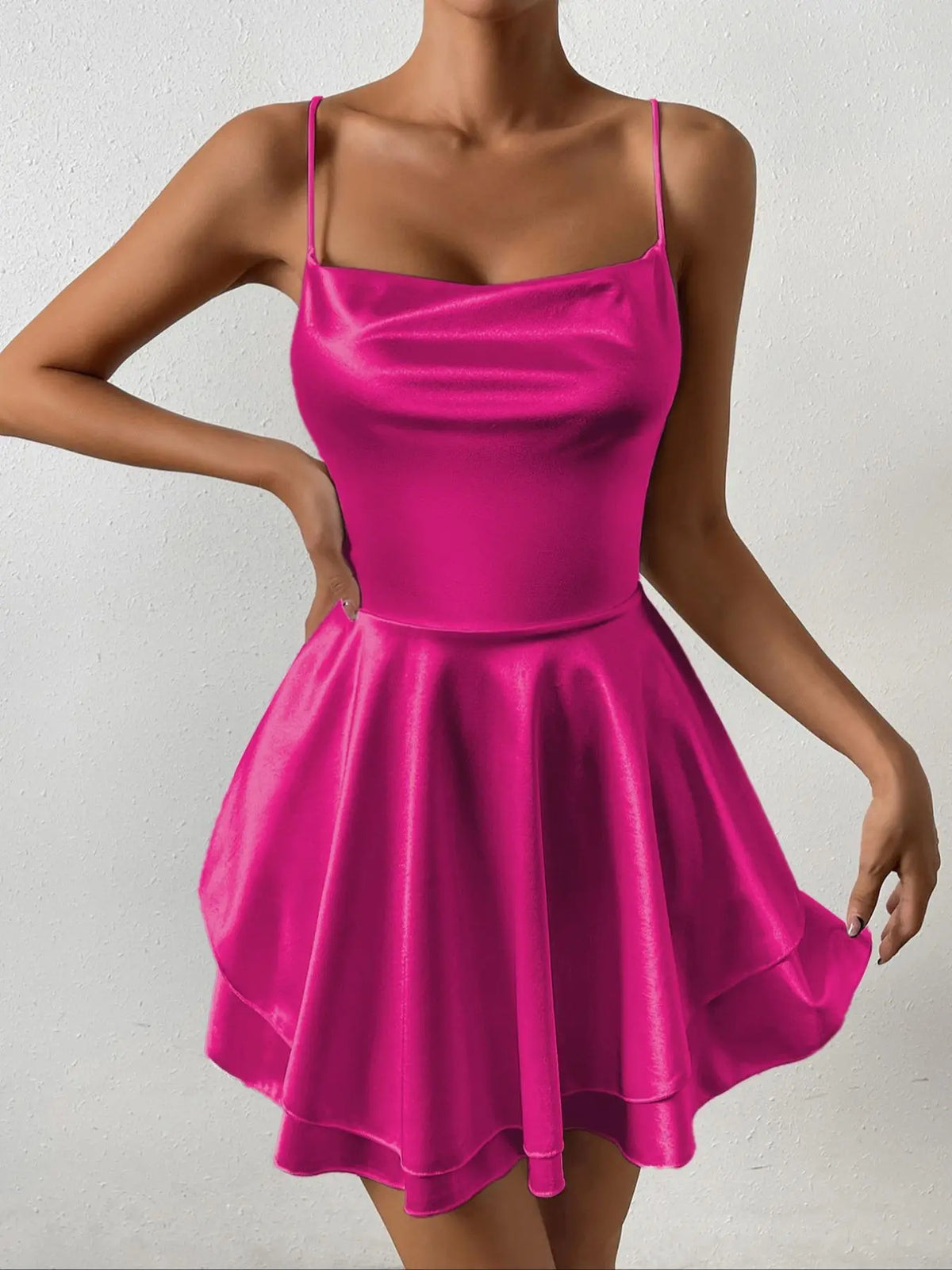 Women's Plain Lace Up Backless Tiered Layer Stretchy Satin Cami Dress, Summer Clothes Women, Womenswear, Elegant Chic Cowl Neck Sleeveless A Line Short Dress for Party Holiday Wedding Guest Evening Formal Wear, Date Night Dresses, Dresses for Women