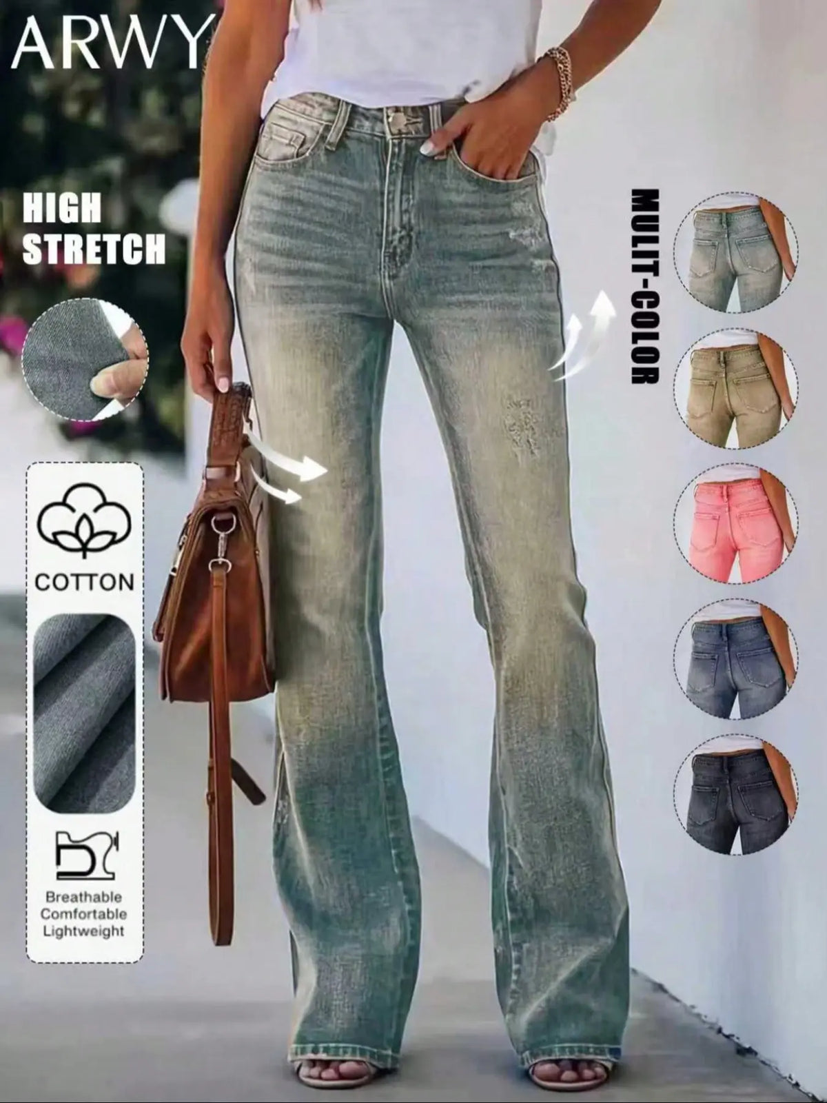 Women's Bohemian Gradient Slim-Fit Flare Leg Denim Jeans for All Seasons, Medium-Wash Denim Mid-Waist Stretchy Pants with Pockets, Womenswear
