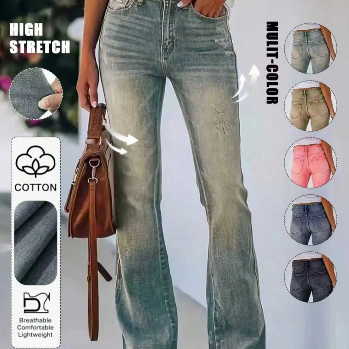 Women's Bohemian Gradient Slim-Fit Flare Leg Denim Jeans for All Seasons, Medium-Wash Denim Mid-Waist Stretchy Pants with Pockets, Womenswear