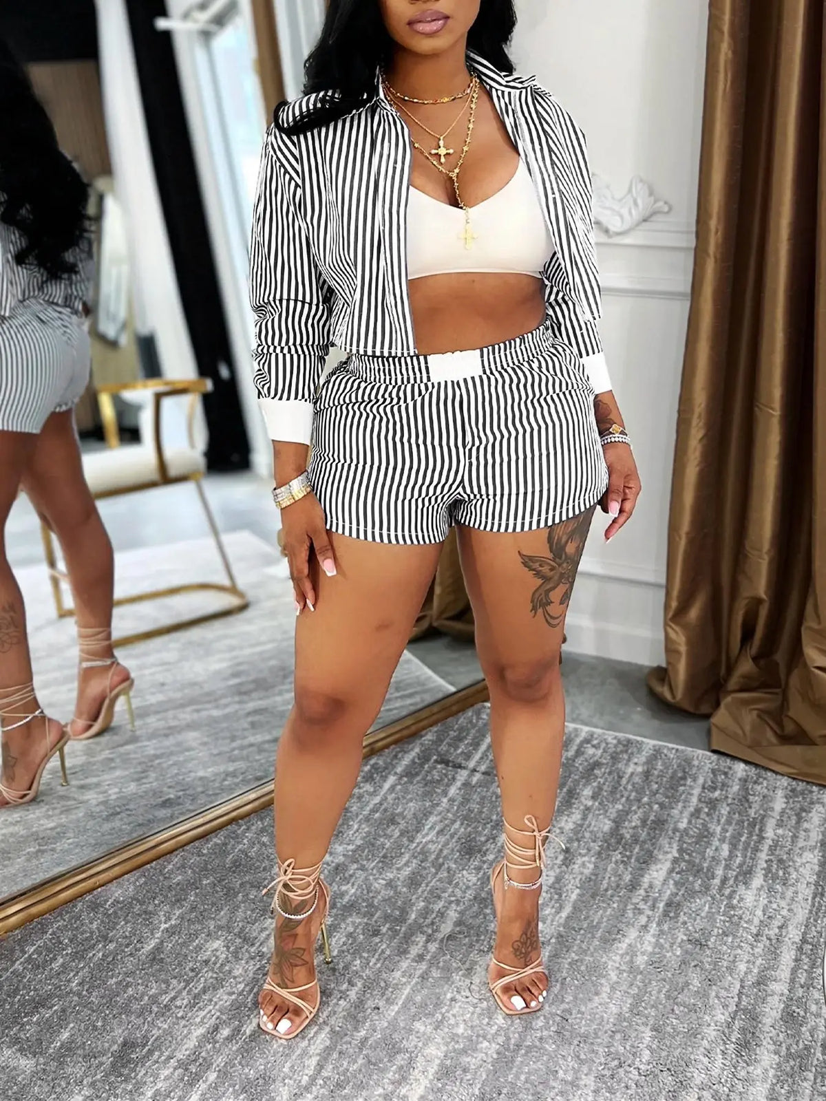 Women's Striped Print Button Long Sleeve Shirt and Shorts, Collared Fitted Top and Shorts for Daily Wear, Ladies Two-Piece Outfit for Spring and Summer, Casual Fashion Matching Set, Womenswear