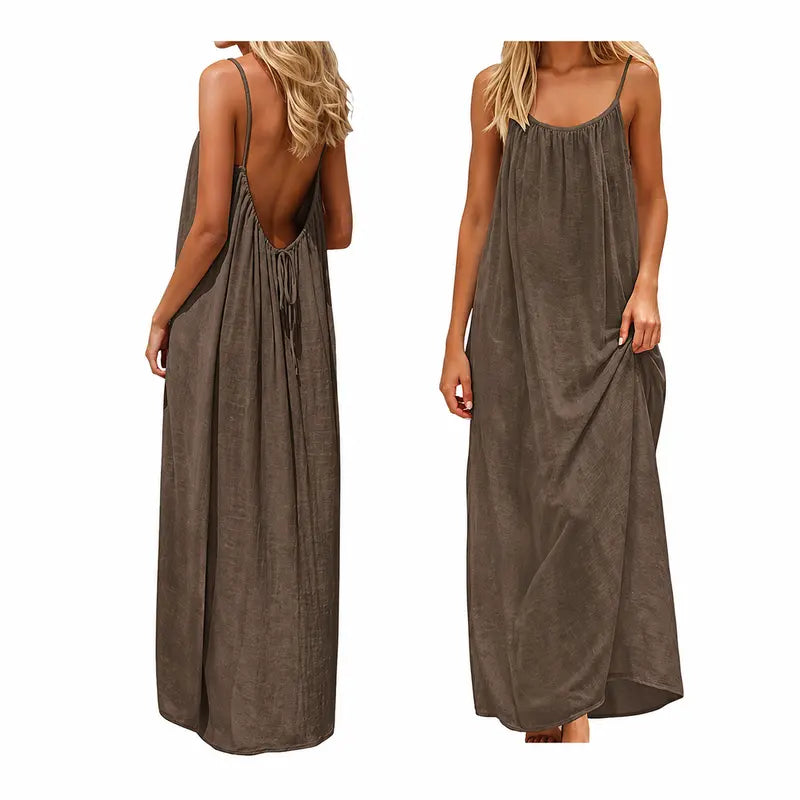 Women’s Backless Maxi Dress Spaghetti Strap Loose Flowy Summer Beach Vacation Dress