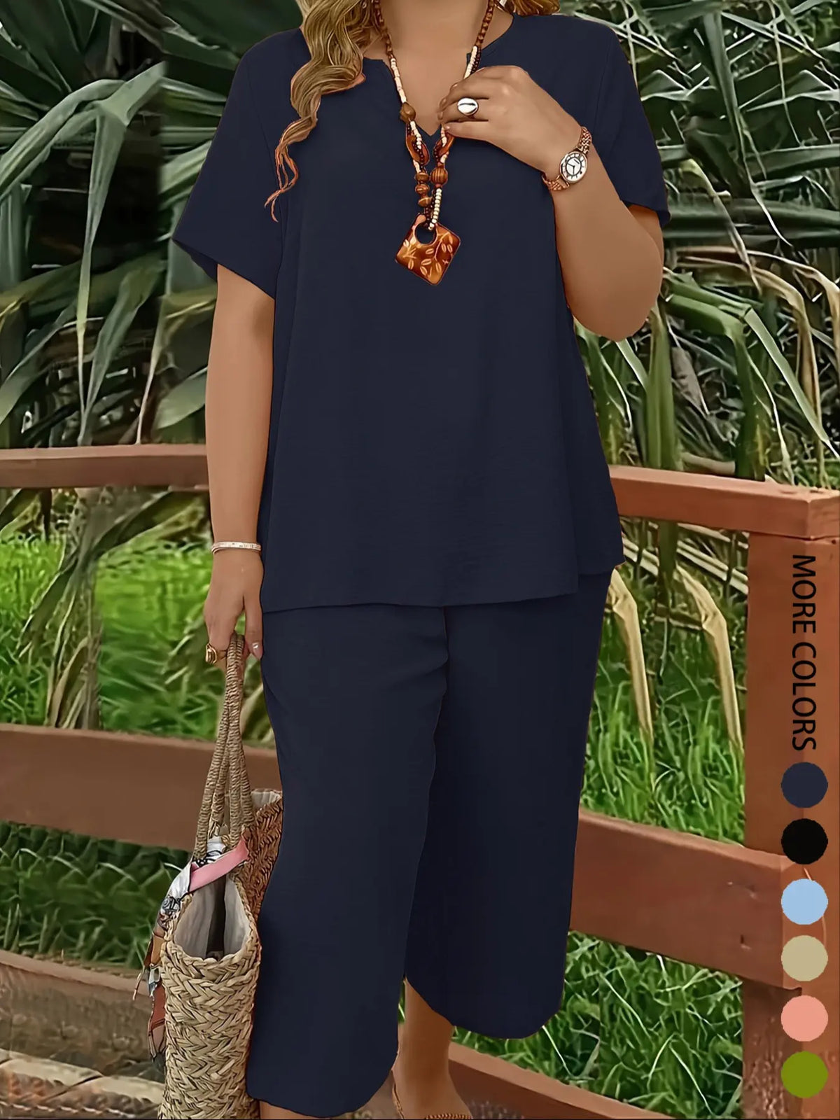 Plus Size Elegant Minimalist Women's Solid Color Short Sleeve Fashion Top & Casual Wide Leg Pants Set for Summer, Lounge Pants Set, Everyday Comfortable & Stylish, Lady Womenswear, Style, Fit, Clothes, Fashion Clothing Set