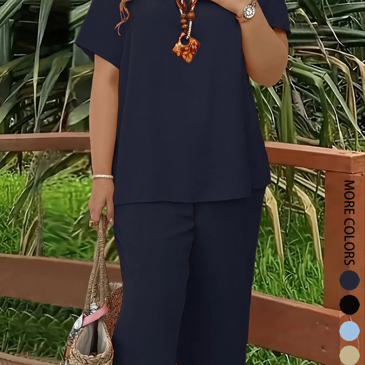 Plus Size Elegant Minimalist Women's Solid Color Short Sleeve Fashion Top & Casual Wide Leg Pants Set for Summer, Lounge Pants Set, Everyday Comfortable & Stylish, Lady Womenswear, Style, Fit, Clothes, Fashion Clothing Set
