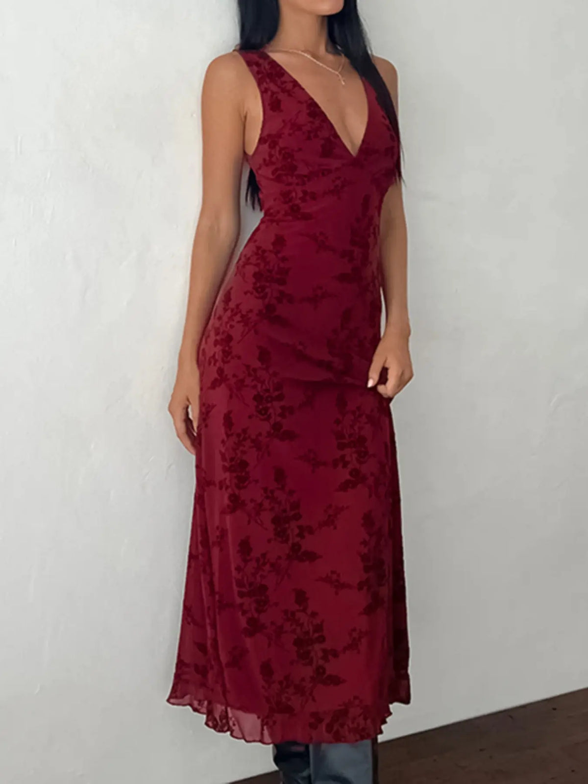 Women's Floral Print Deep V Neck A Line Dress, Elegant Aesthetic Sleeveless Plunge Neck Bodycon Long Dress, Ladies Clothes for Party Holiday Wedding Guest, Dresses