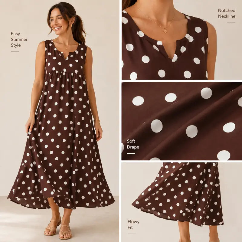 GLAMONIQUE Women's Brown Polka Dot H-Type Maxi Dress - Sleeveless V-Neck Spaghetti Strap, Lightweight Flowy, Side Slit, Adjustable Casual Wear for Outdoor, Vacation