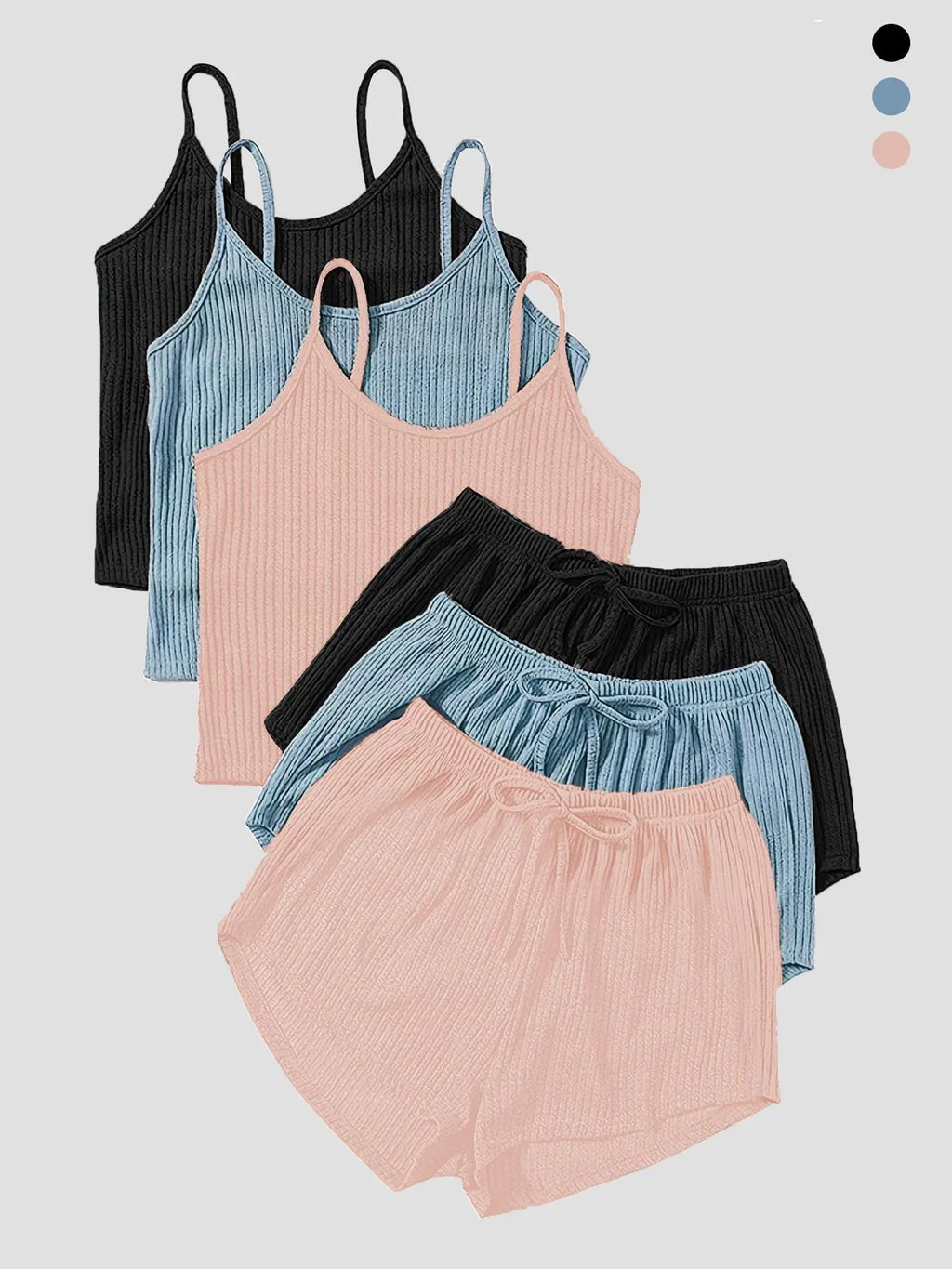Six-Piece Set Women's Basic Plain Fitted Ribbed Shorts Set, Casual Feminine Soft Spaghetti Strap Cami Top & Elastic Waist Shorts Set, Summer Clothes, Cute Summer Outfit for Outdoor Holiday