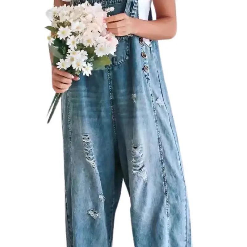 Ebossy Women's Minimalist Blue Loose Strappy Adjustable-Button Denim Coverall Bib Overalls - Ripped Wide Leg Baggy Jumpsuit, Casual Party Womenswear, Women's Clothing