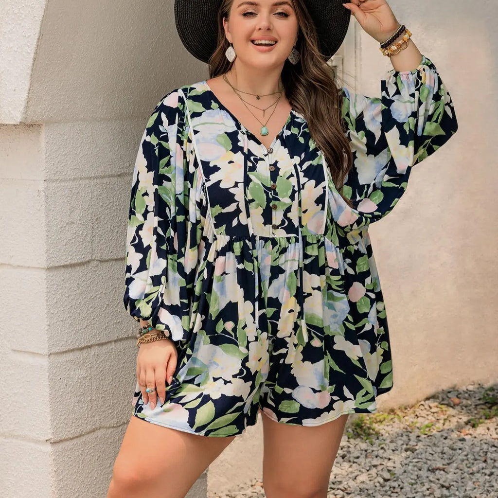 Plus Size Floral Print Fake Buttons Romper, Boho Tie Neck Lantern Sleeve Tie Waist Jumpsuit, Women's Clothes for Beach Vacation Holiday