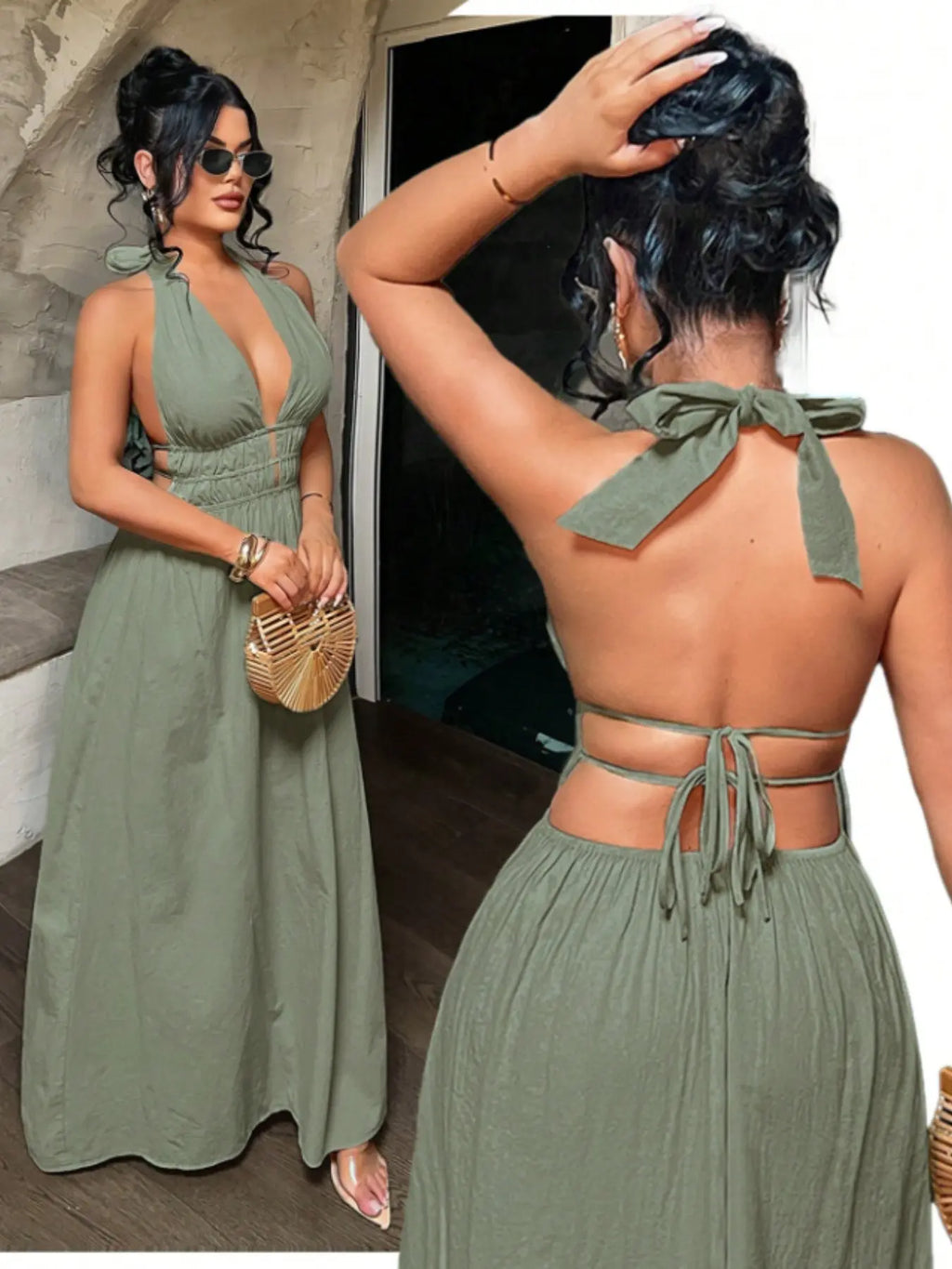 Women's Solid Color Deep V Neck Pleated Design Sexy Dress, Date Night Dress, Essential Summer Fashion Item for Women, Stylish and Alluring Evening Wear