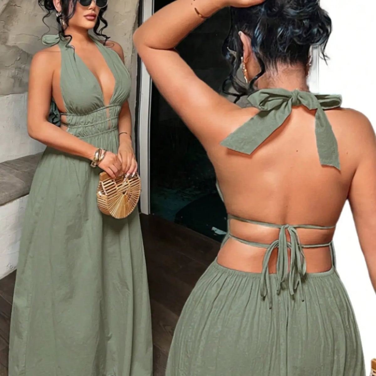 Women's Solid Color Deep V Neck Pleated Design Sexy Dress, Date Night Dress, Essential Summer Fashion Item for Women, Stylish and Alluring Evening Wear