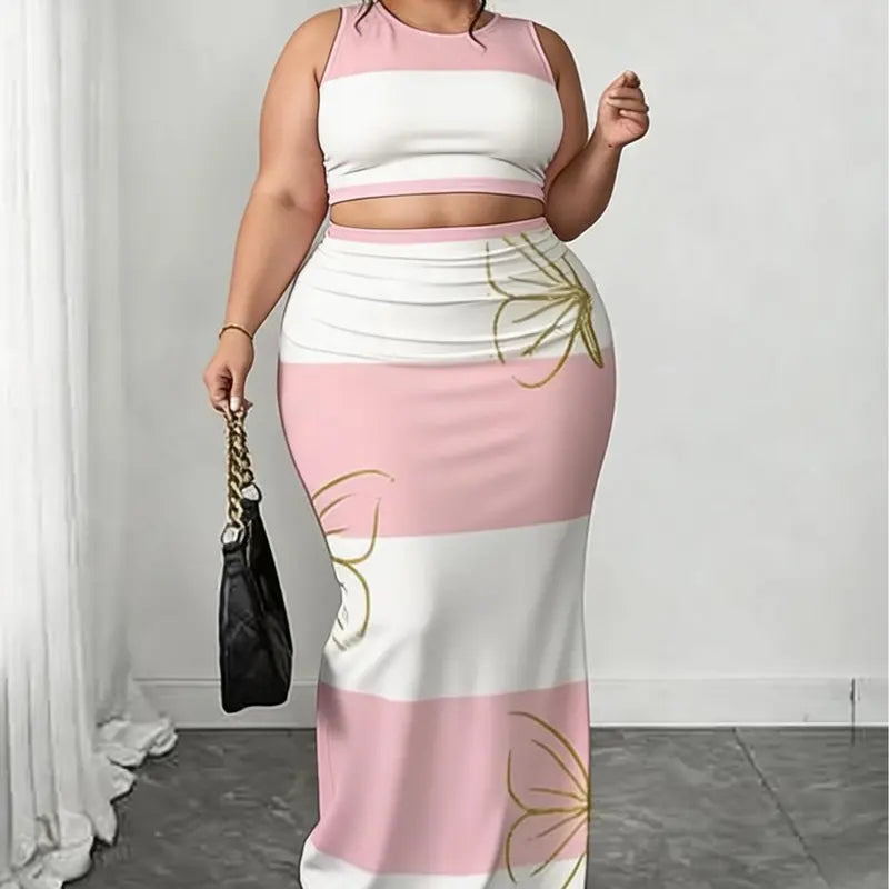 Women's Plus Size 2-Piece Matched Set - Sleeveless Striped Butterfly Print Bodycon Crop Top & Stripe Skirt & Top Sets, Midi Length Split Skirt, Casual Chic Plus Size Clothes for Going Out