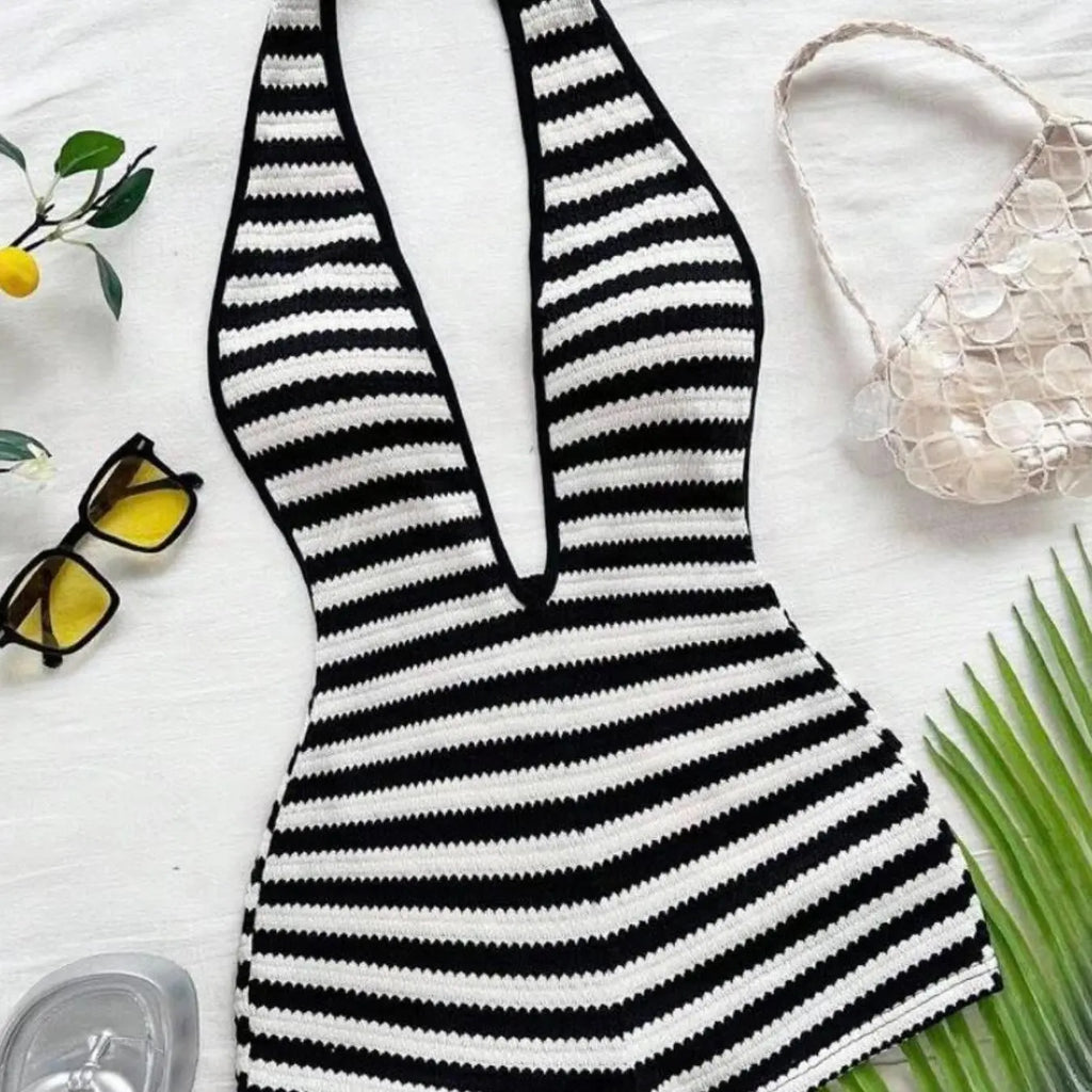 European Style Chic Halter Neck Deep V Backless Romper, Women Casual Striped Bodycon Romper for Summer Beach Vacation, Streetwear