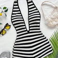 European Style Chic Halter Neck Deep V Backless Romper, Women Casual Striped Bodycon Romper for Summer Beach Vacation, Streetwear
