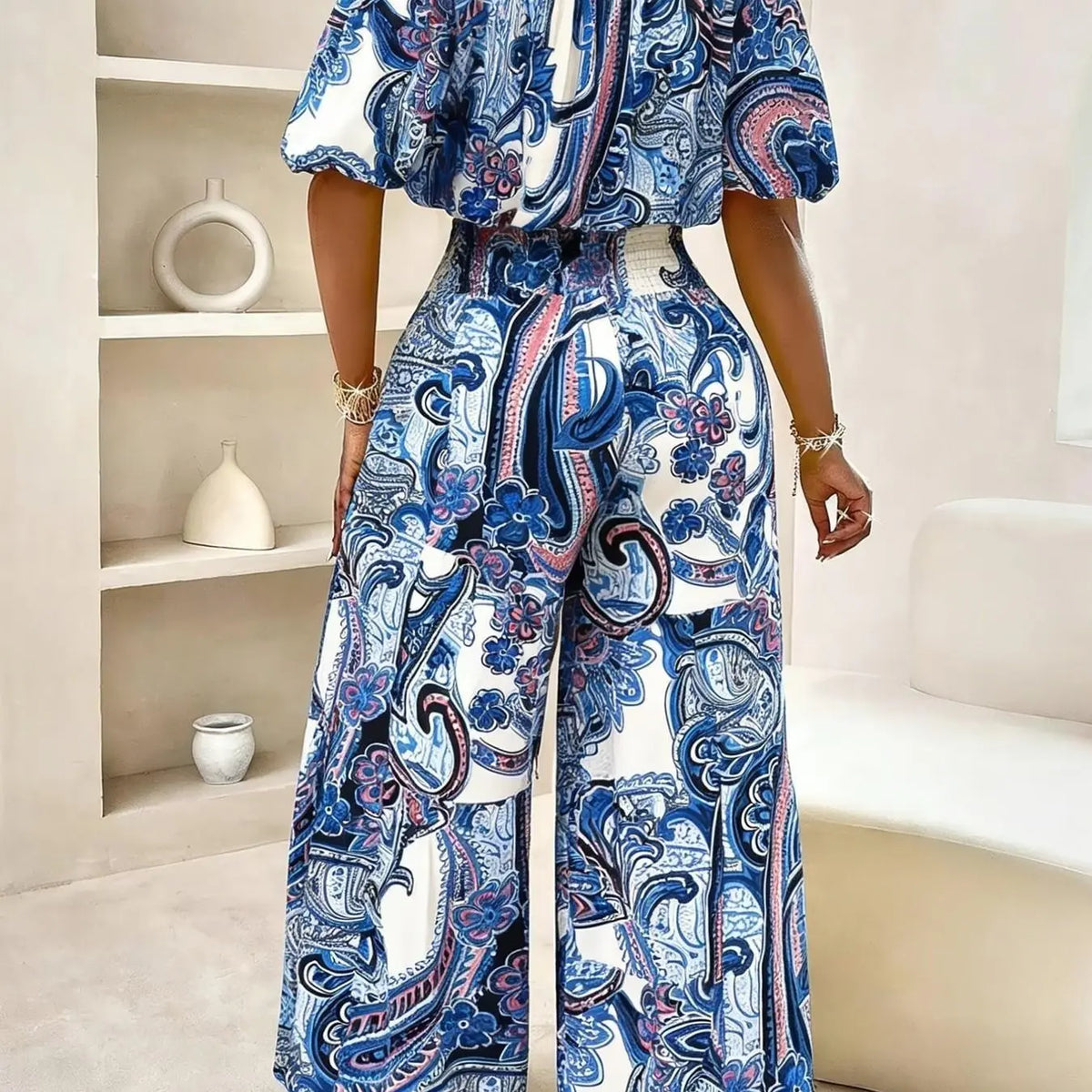 Women's Summer Paisley Print Bohemian Boho Vintage Chic Vacation Two-Piece Outfit, Two Pieces Outfits, Off-Shoulder Bubble Sleeve Crop Top + High Waist Adjustable Drawstring Wide Leg Pants